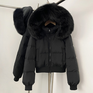 Chaqueta Corta Acolchada Blanca Personalizada para <span class=keywords><strong>Mujer</strong></span>, Chaqueta con Capucha de Piel, Chaqueta de Plumón para <span class=keywords><strong>Mujer</strong></span> - Product Image 5