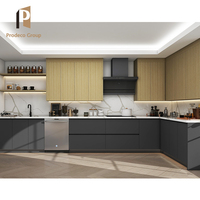 Armoires de cuisine modernes écologiques en contreplaqué préfabriqué, placage de bois, mélamine, MDF, panneaux de particules, stratifié marbré, panier à tiroirs
