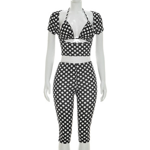 Polka Dot Set Sholt Sleeve Tops Halter Bra and Capri Pants Sets Hot Sale <strong>Sexy</strong> Deep V Neck 3 Piece Set <strong>Women</strong> <strong>Outfits</strong> - Product Image 6