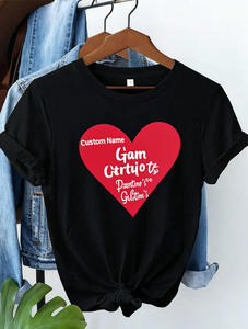 T-shirt personalizzata a cuore da donna in cotone stampato con nome, per San Valentino, casual, a maniche corte, girocollo, vestibilità ampia, primavera estate, in jersey - Product Image 1