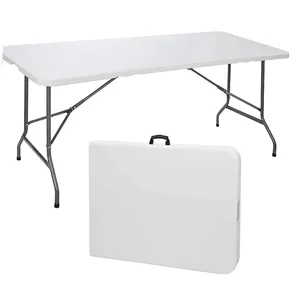 6英尺双折叠桌，塑料便携式半折叠桌 (白色、高密度聚乙烯、吹塑)