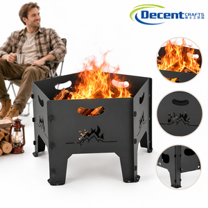 Brasero d'extérieur portable en fer à 4 pieds, avec poignée découpée au laser motif flamme montagne et emplacement hexagonal pour bâtons de feu - Product Image 1