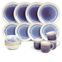 Service de table en grès réactif 16 pièces, dégradé bleu-violet, vaisselle en céramique, compatible micro-ondes, durable et réutilisable