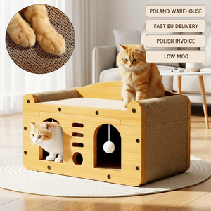 Maison pour chat en bois, design fin et peu encombrant, 50 cm, avec griffoir en nid d'abeille et deux arches, livraison rapide UE depuis la Pologne - Product Image 1