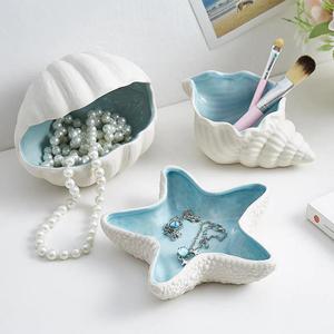 Style <span class=keywords><strong>nordique</strong></span> en céramique sirène coquille stockage décor plaque ensemble bleu ciel en céramique bijoux boîte de rangement assiettes support - Product Image 1