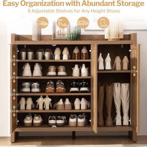 Meuble à chaussures moderne en rotin style bohème avec 3 portes, rangement autoportant pour entrée avec étagère inférieure ouverte - Product Image 4