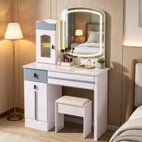 Coiffeuse moderne en bois massif personnalisable avec miroir éclairé réglable et extensible, tiroirs de rangement et tabouret pour chambre à coucher