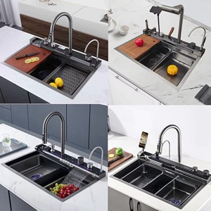 Fregadero de cocina moderno de cascada, cuencos individuales, fregadero de cocina de acero inoxidable - Product Image 6