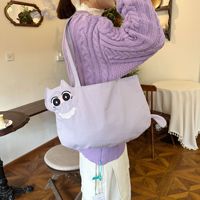 Bolso de Lona con Diseño de Gatito de Dibujos Animados, Lindo y Adorable, Bolso de Hombro para Mujer, Estudiante, de Capacidad Media, para Compras, con Cierre Abierto, para Uso Diario