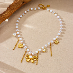 European American Style Pearl Bow Heart Sun Pendant Chain Beaded Women's Collarbone Necklace - Product Image 3