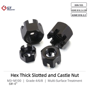 DIN 935 ASME B18.2.2 ASME M3-M100 B18.2.4.3M เหล็กคาร์บอน Cl.4/<span class=keywords><strong>8</strong></span>/10 HEX หนาและน็อตปราสาทสีดำปรับขนาดได้ - Product Image 1