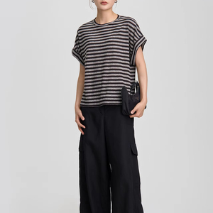 T-shirt d'été à col rond pour <span class=keywords><strong>femme</strong></span> Tops à <span class=keywords><strong>manches</strong></span> <span class=keywords><strong>courtes</strong></span> rayés - Product Image 3