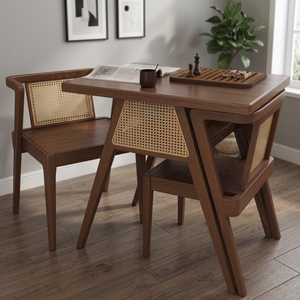 Ensemble de salle à manger traditionnel 3 pièces en bois massif avec chaises à dossier en rotin, design écologique et peu encombrant pour la salle à manger à domicile - Product Image 2