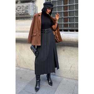 กระโปรงจีบเอวสูงทรงหรูหราพร้อมดีเทลเข็มขัดคู่และผ่าด้านหน้าสำหรับผู้หญิง 4055 - Product Image 6