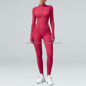 Conjunto de mono de entrenamiento de alta resistencia con cuello alto, media cremallera, manga larga, cintura alta y efecto levanta glúteos para moldear el cuerpo. - Product Image 3