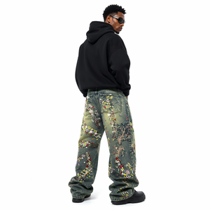Pantalones vaqueros rectos holgados de cintura alta con flores bordadas en 3D de diseño personalizado, Vaqueros lavados desgastados de estilo Vintage Hip Hop para hombre - Product Image 2