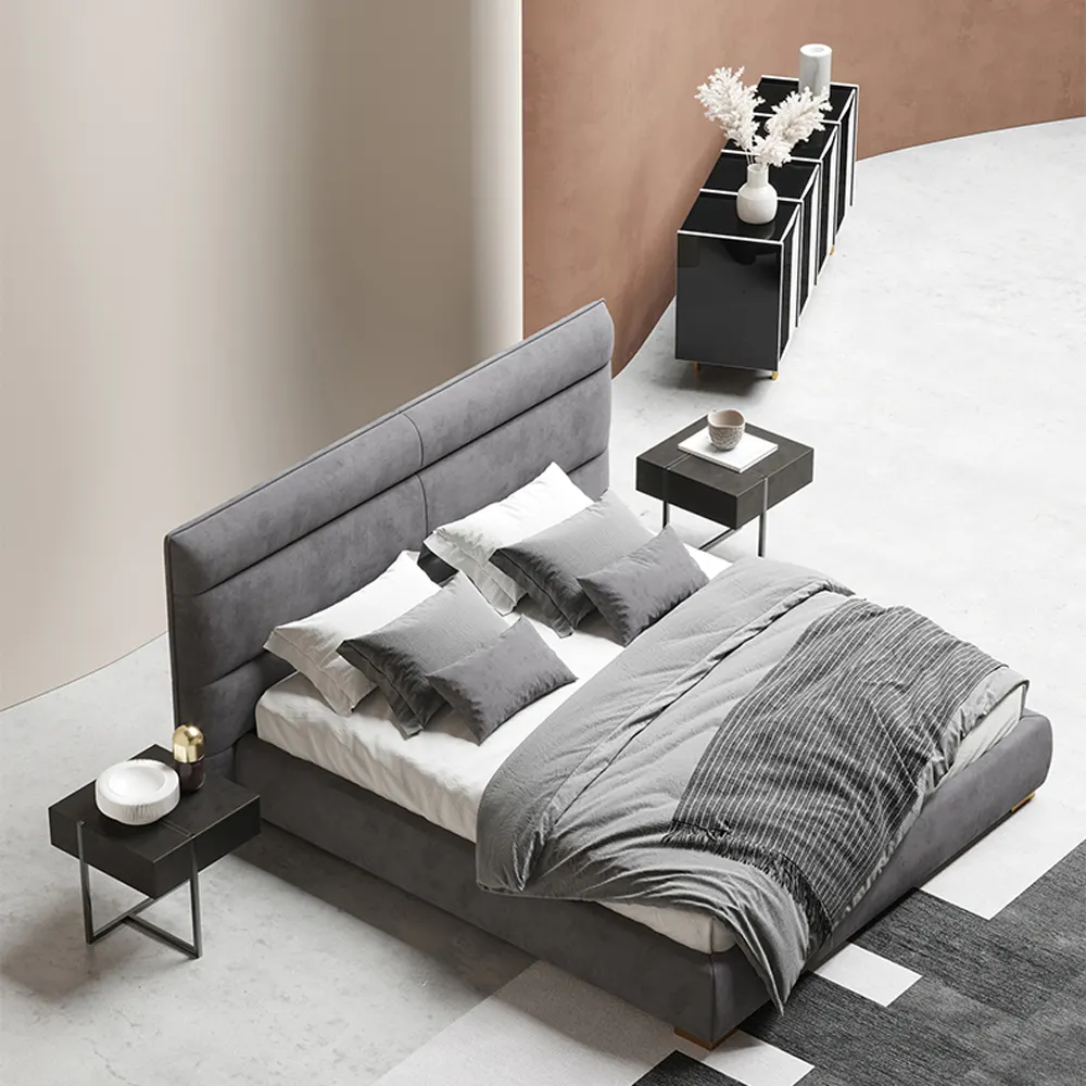 럭셔리 현대 간단한 침실 세트 가구 이탈리아 디자인 회색 패브릭 헤드 보드 킹 침대 퀸 침대 프레임 어린이 침대