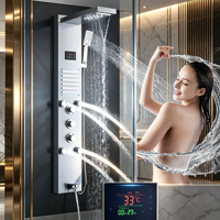 Colonne de douche thermostatique moderne en acier inoxydable brossé de luxe avec LED, mitigeur de baignoire, douchette à main et jet de pluie doux mural