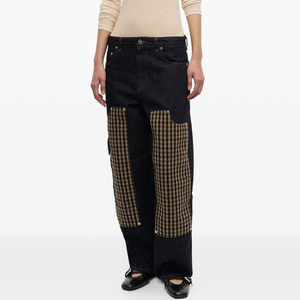 <span class=keywords><strong>Jeans</strong></span> a gamba larga a vita bassa da donna personalizzati di fabbrica con toppa scozzese pesante e ampia tasca laterale decorata pantaloni retrò dimagranti - Product Image 2