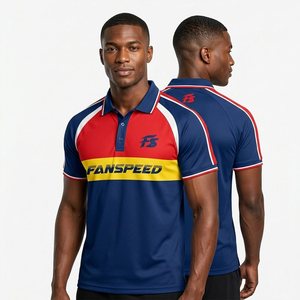 Retro Kleurblok Op Maat Gemaakte Heren Voetbal Poloshirts Navy en Rood Ademend Sportkleding - Product Image 1