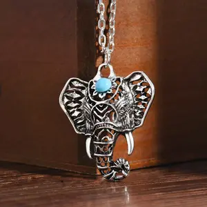 Men's Elephant Head Alloy Pendant Necklace Vita Sharks Rustic Elephant Silver Necklace & Blue Stone Ganesh Hamsa Hand Pendants