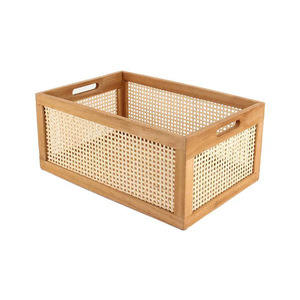 Rattan <b>Storage</b> <b>Basket</b> Rectangle Natural Wood Color Handle Office Organizer Living Room Book <b>Storage</b> Box Solid Wood Drawer - Product Image 5