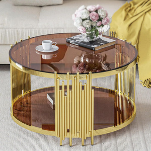 <span class=keywords><strong>Mesa</strong></span> de centro <span class=keywords><strong>redonda</strong></span> moderna, marco de metal dorado, tapa de <span class=keywords><strong>cristal</strong></span>, <span class=keywords><strong>diseño</strong></span> de dos niveles B2B para proyectos de sala de estar - Product Image 6