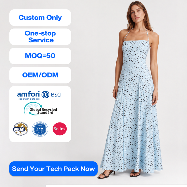 SHENGFU Summer Dress Halter Maxi Polka Dot Floral Elegant Custom Blue Boho Beach Sleeveless Womens Clothing Lady Apparel