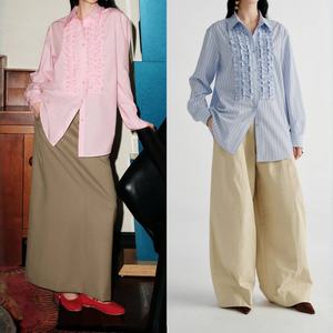 Blusa de Lino y Gasa Transpirable para Mujer, Diseño OEM Personalizado, Manga Larga, Volantes Dulces, Cierre de un Solo Botón, Color Sólido, Tejido de Verano - Product Image 4