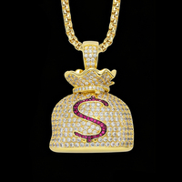 Pendentif Sac d'argent en laiton plaqué or, entièrement pavé de zircone cubique avec signe dollar rose, style Hip Hop Rapper, cadeau pour homme