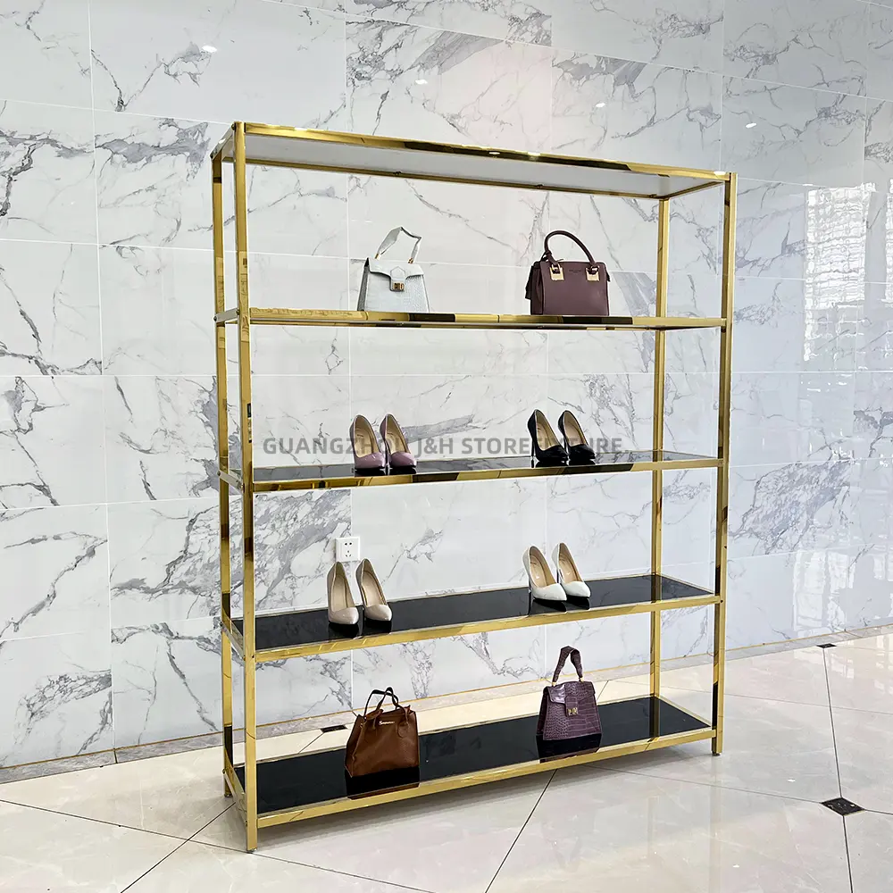 Factory Supply Boutique Gold 5 Schichten Schuh regal Ständer Edelstahl Tragbare Schuh tasche Display Regal für den Einzelhandel