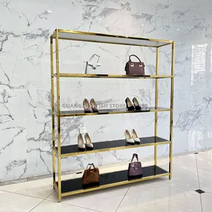 Fornitura di fabbrica Boutique Gold 5 strati scarpiera Stand in acciaio inox portatile scarpe borsa espositore per negozio al dettaglio
