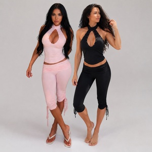 Women's Patchwork Club Two Piece <b>Set</b> Breathable Eco-Friendly Cutout Backless Studded Crop Top + Drawstring Low Waist Midi Shorts - Product Image 1