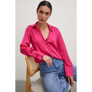 Camisa Básica de Satén Fucsia para Mujer, Blusa Clásica con Botones para Uso Diario - Product Image 6