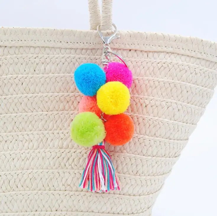 2020 Big plush ball with fringes keychain bohemia women's purse bag charm pom pom tassel keychains jewelry handmade key ring