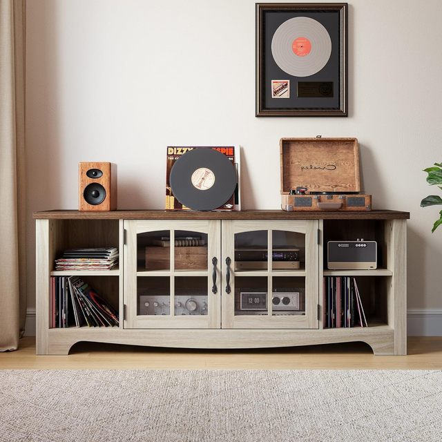 Farmhouse Modern Durable Wood TV Stand 65 Inch Entertainment Storage Cabinet Adjustable Shelves TV Console for Living Room