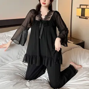 Özel ilkbahar ve sonbahar kadın ev giyim v yaka dantel siyah pijama seksi zarif gevşek iki parçalı örgü pijama