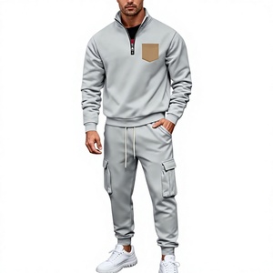 Men's Light Gray Quarter-Zip Sweatshirt Set Solid Color French Terry Cargo Pants Casual Autumn Wear - Product Image 1
