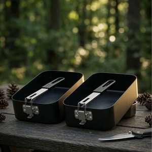 Two Piece Aluminum <b>Lunch</b> Box <b>Set</b> Non Stick Coated Portable Outdoor Bento Box Rectangle Black One Compartment - Product Image 1