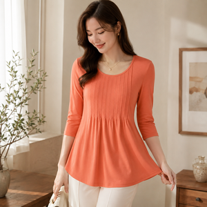 Camiseta de punto de manga tres cuartos con cuello redondo naranja para mujer, corte holgado, plisada, informal, para primavera y verano - Product Image 1