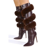 Fabricant Personnalisé Usine Luxe Dames Sexy Stiletto Genou Talon Haut Fourrure Imprimé Croc Femmes Large Mollet Chaussures Bottes