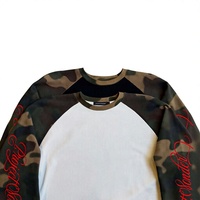 T-shirt thermique à manches longues en tricot gaufré, motif camouflage, manches raglan, broderie rouge, col rond, style streetwear