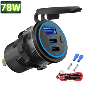 Caricatore rapido multiporta per auto 12V con <span class=keywords><strong>presa</strong></span> USB, doppia porta USB-C PD e <span class=keywords><strong>presa</strong></span> USB QC3.0 con interruttore di alimentazione per barca, camper, camion, moto - Product Image 1