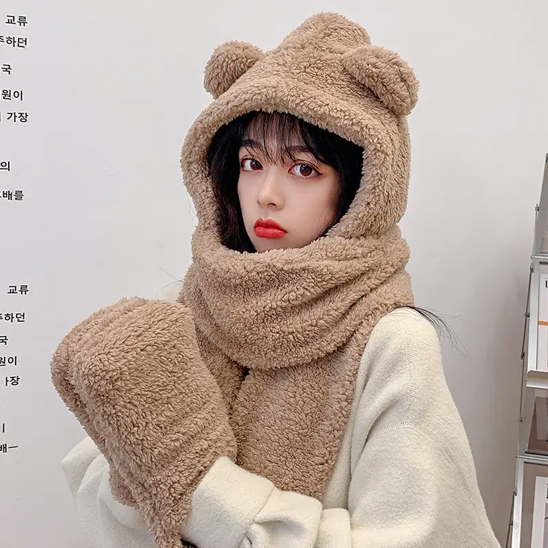 Autunno inverno carino orso caldo Casual sciarpa in peluche uno tre pezzi cappelli da donna con bavaglino caldo antivento in lana invernale soffice berretti a cuffia