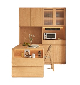 XHA Custom Solid Wood <b>Sideboard</b> with Folding Dining Table Floor-to-Ceiling Wall Cabinet Hidden Oak Glass Storage Cabinet - Product Image 1