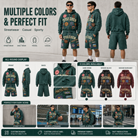 Tuta da uomo personalizzata in cotone a due pezzi, con felpa a doppio strato e pantaloncini cargo, effetto patchwork distressed, stile streetwear, per allenamento e attività sportiva.