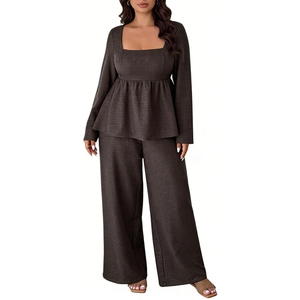 Women's Plus Size Peplum Top & Wide Leg Pants <b>Set</b> <b>Square</b> Neck Long Sleeve 2 Piece Loungewear Fashion - Product Image 3