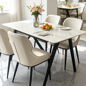 Table à manger rectangulaire moderne avec plateau en pierre frittée, 6 places, avec pieds en métal et chaises en cuir PU pour la salle à manger à domicile - Product Image 5
