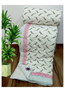 New Parrot Hand Block Printed Cotton <b>Quilt</b> Double <b>Bed</b> Traditional Floral Design Handmade All Season Home Use - Product Image 1