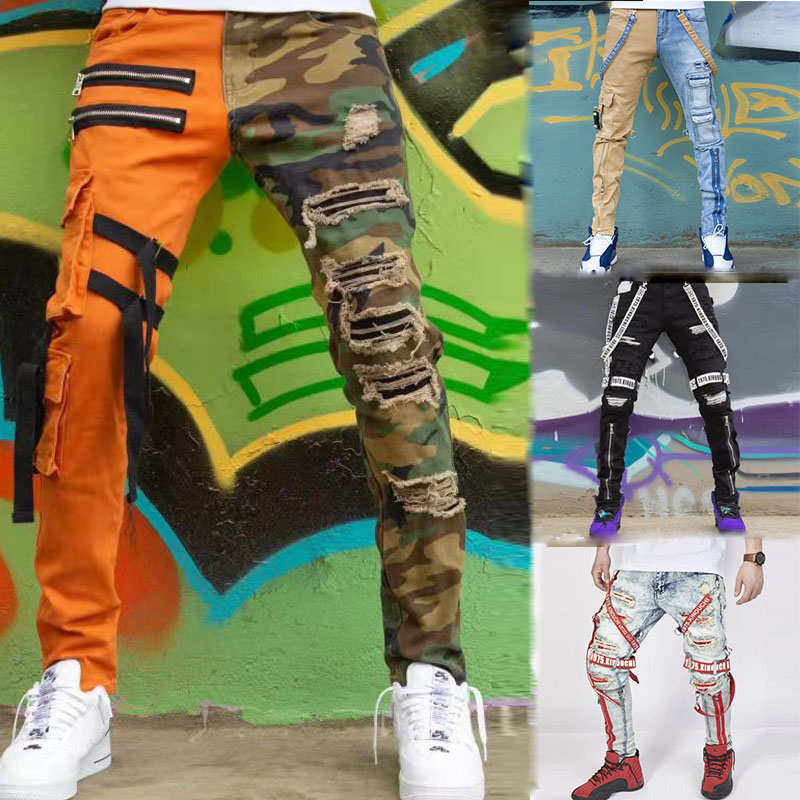 QC - 067 vente Chaude mode hommes jeans pantalon droit camouflage patchwork avec rubans déchiré cargo pour hommes jeans